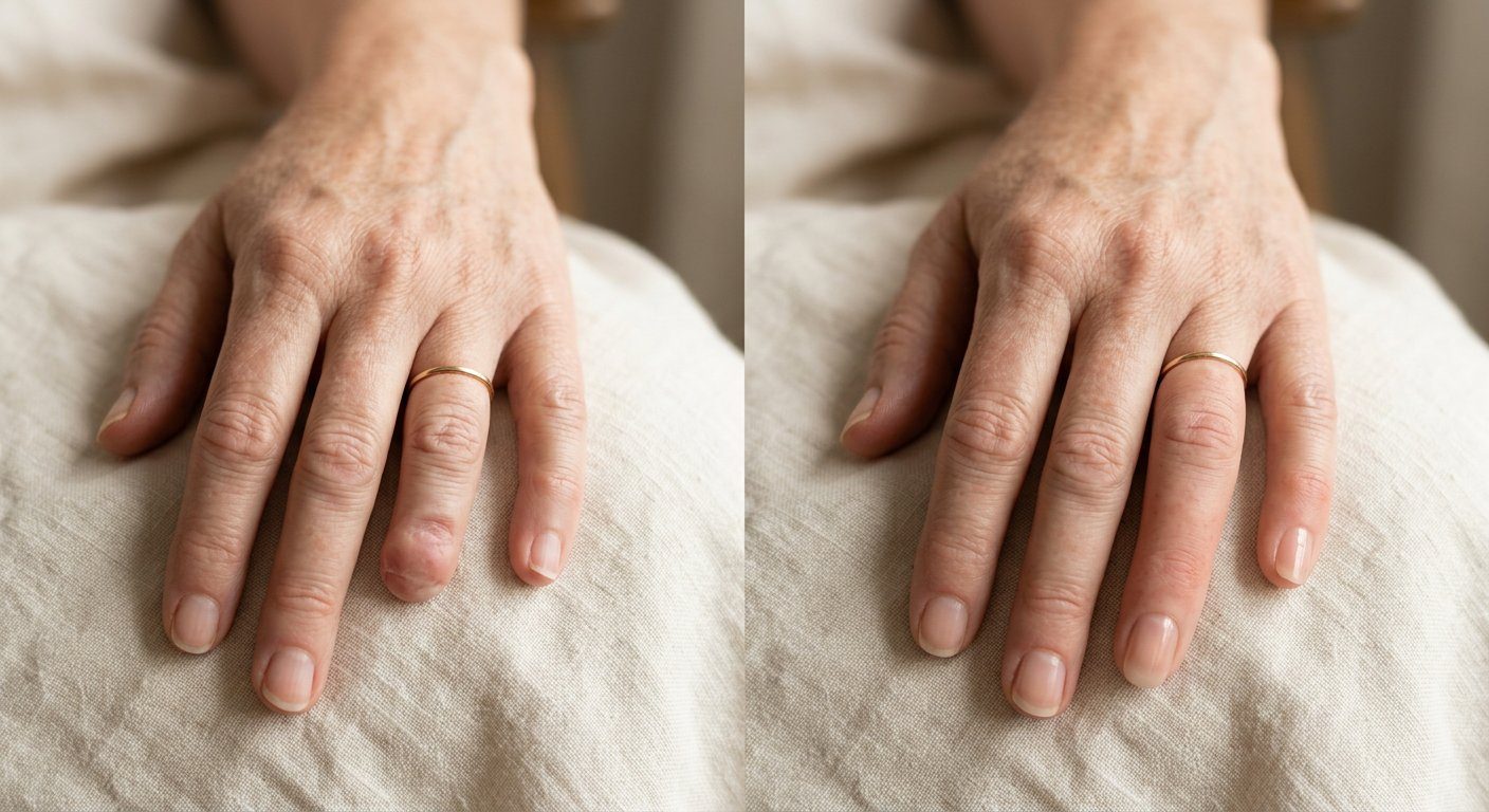 A hand with a custom silicone finger prosthesis restoring a missing finger