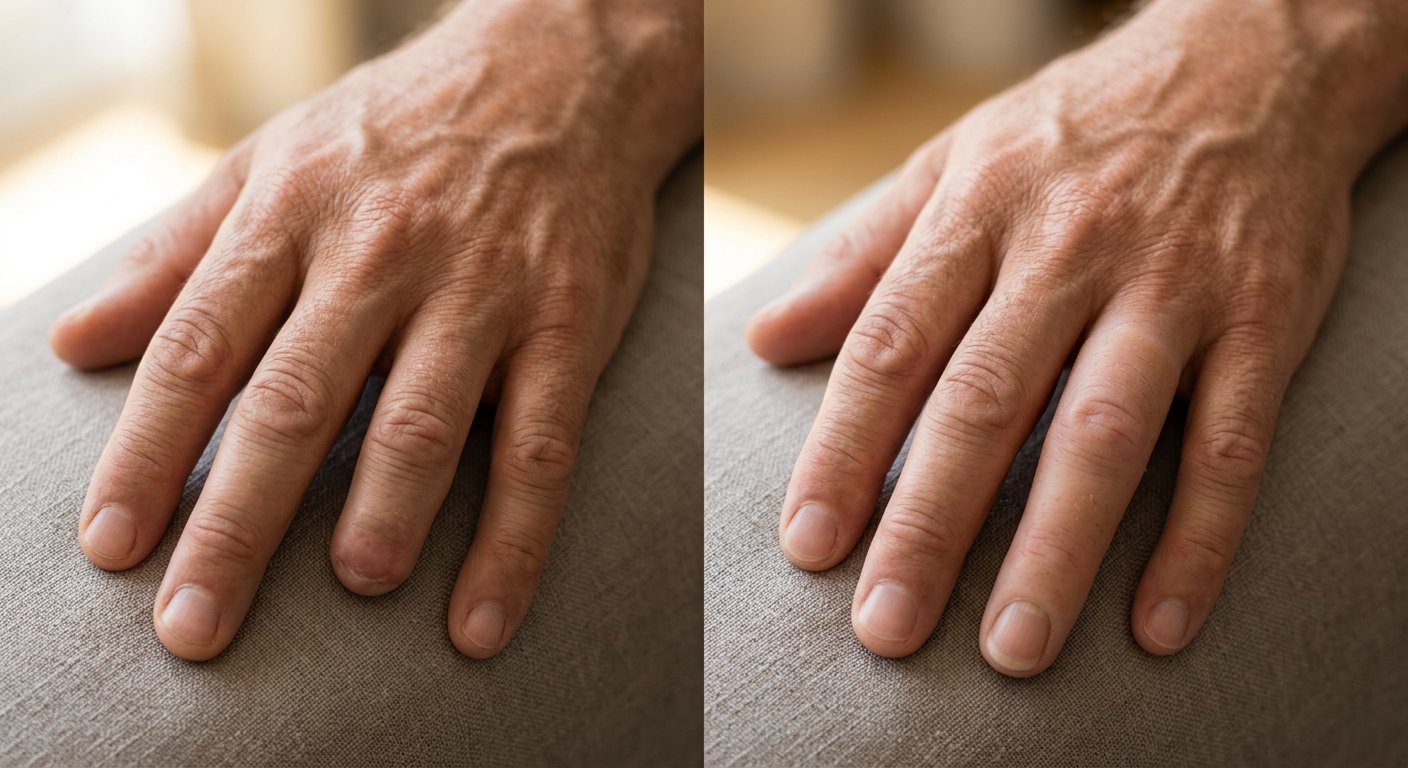 Before and after: prosthetic finger on a hand at rest