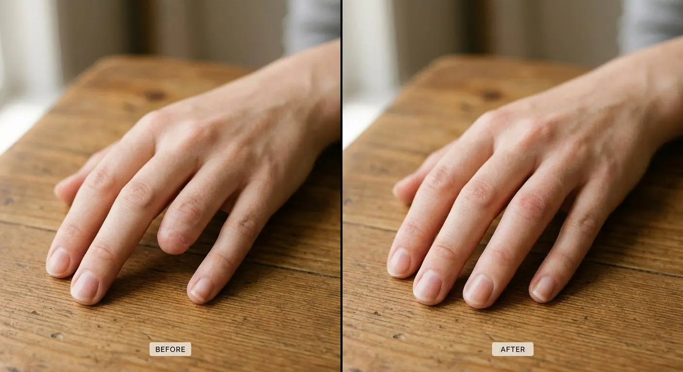 Before and after of a custom prosthetic finger on a hand