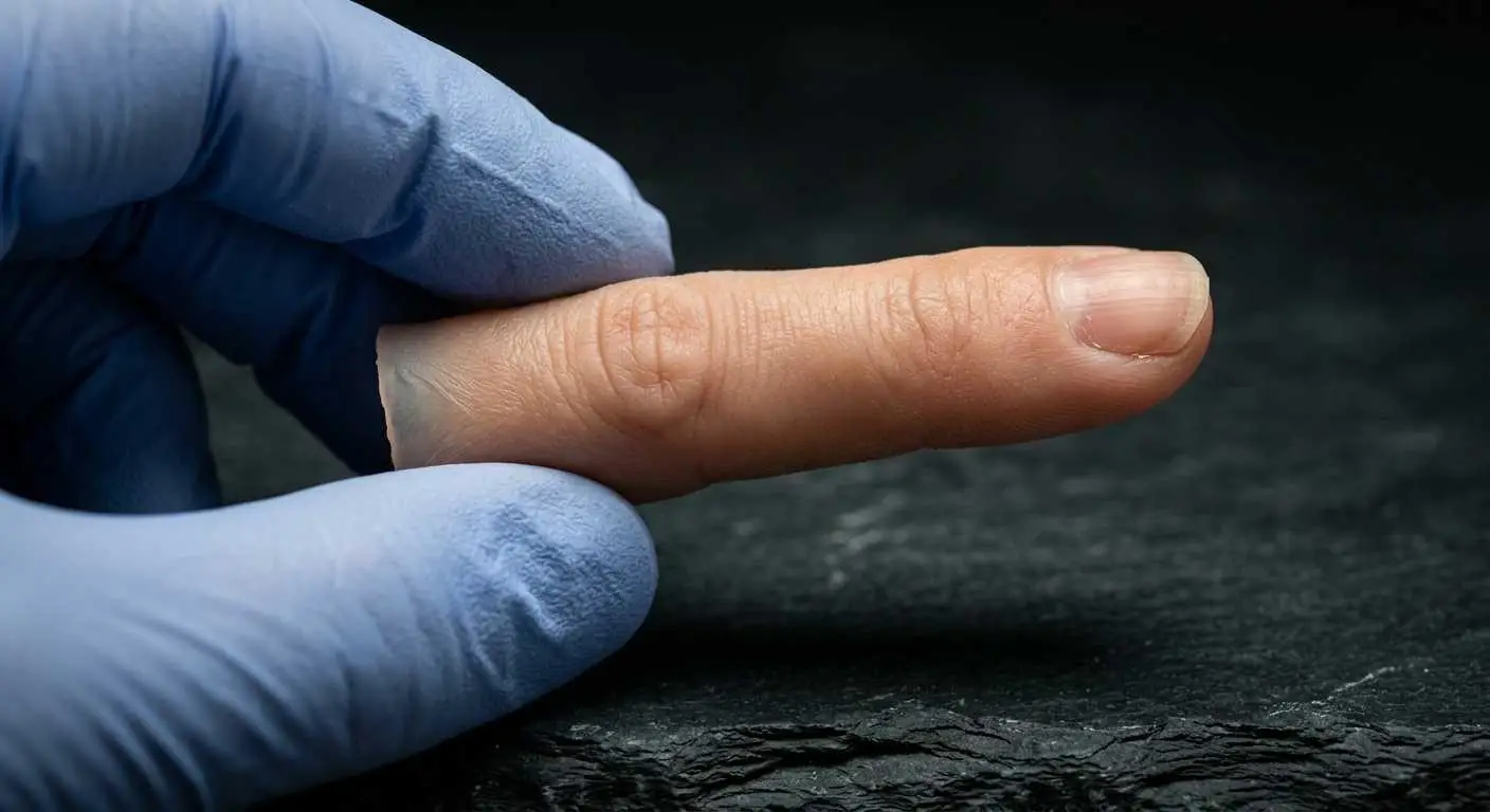 A clinician inspecting a silicone finger prosthesis
