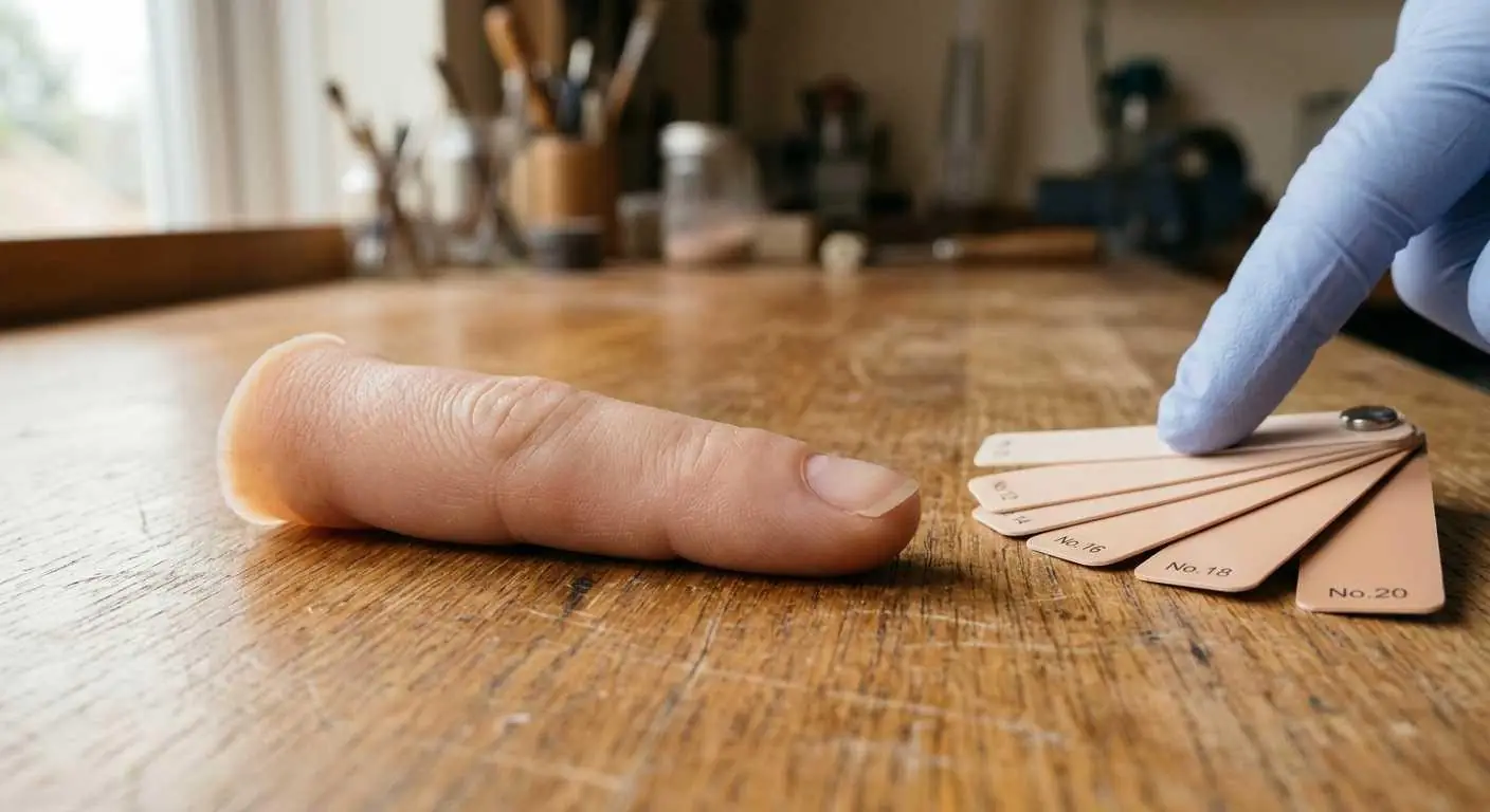 Colour-match swatches beside a silicone finger in a clinic