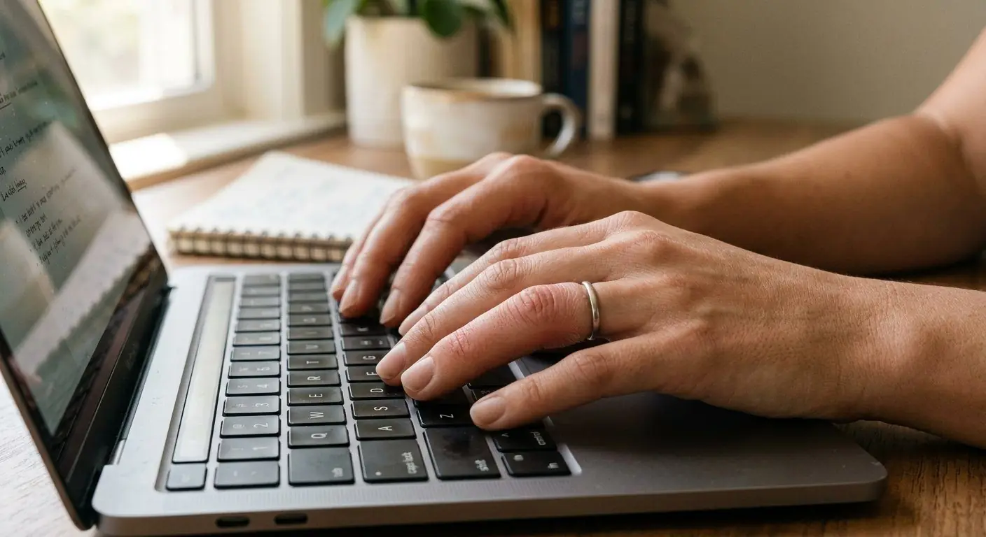 Hands typing comfortably at a laptop